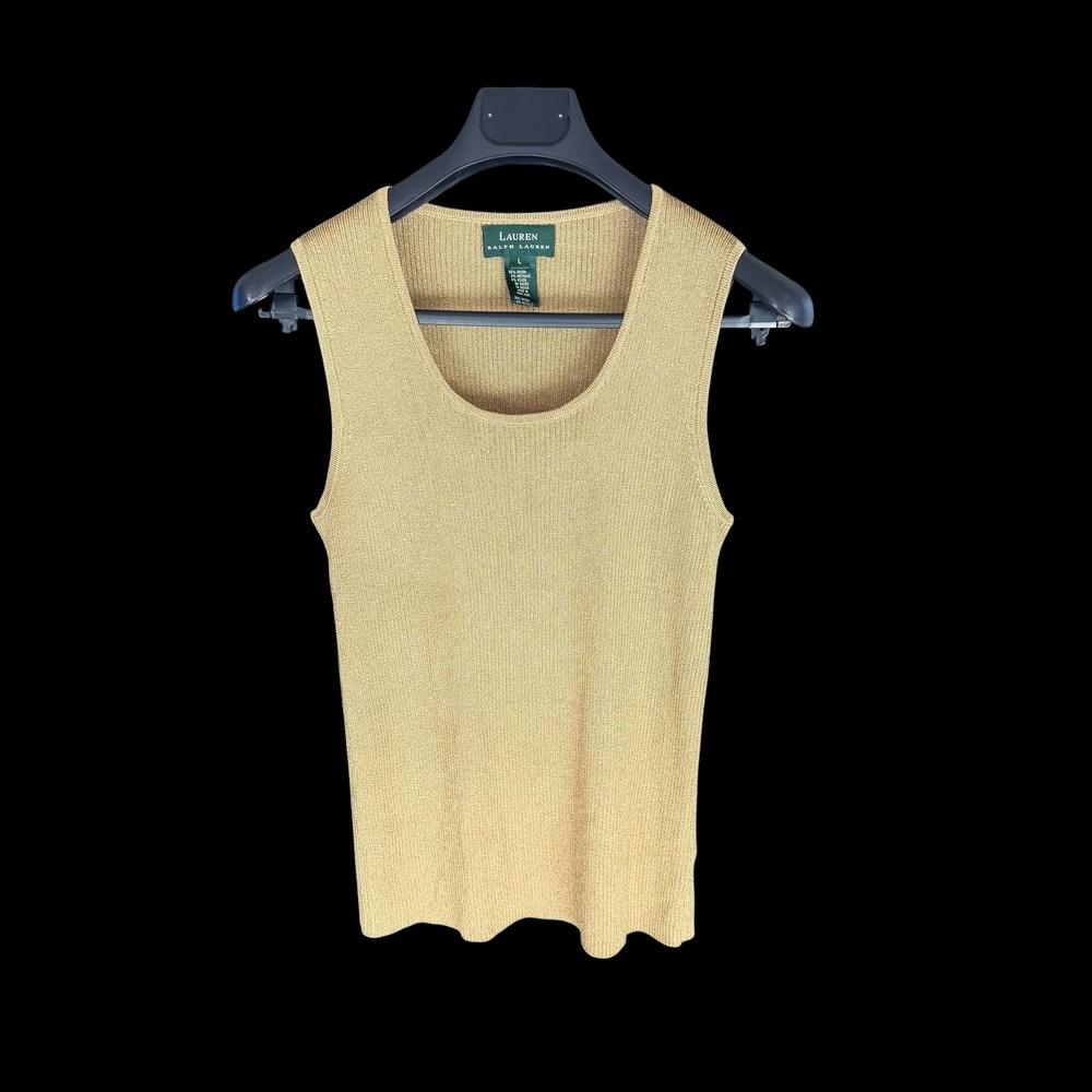 Lauren‎ Ralph Lauren Gold Metallic Ribbed Knit Scoop Neck Sleeveless Top Large